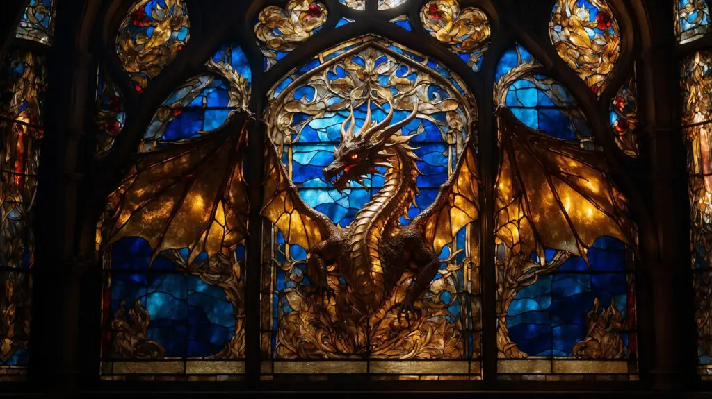 Stained glass window showing a dragon with wings in gold and blue tones.