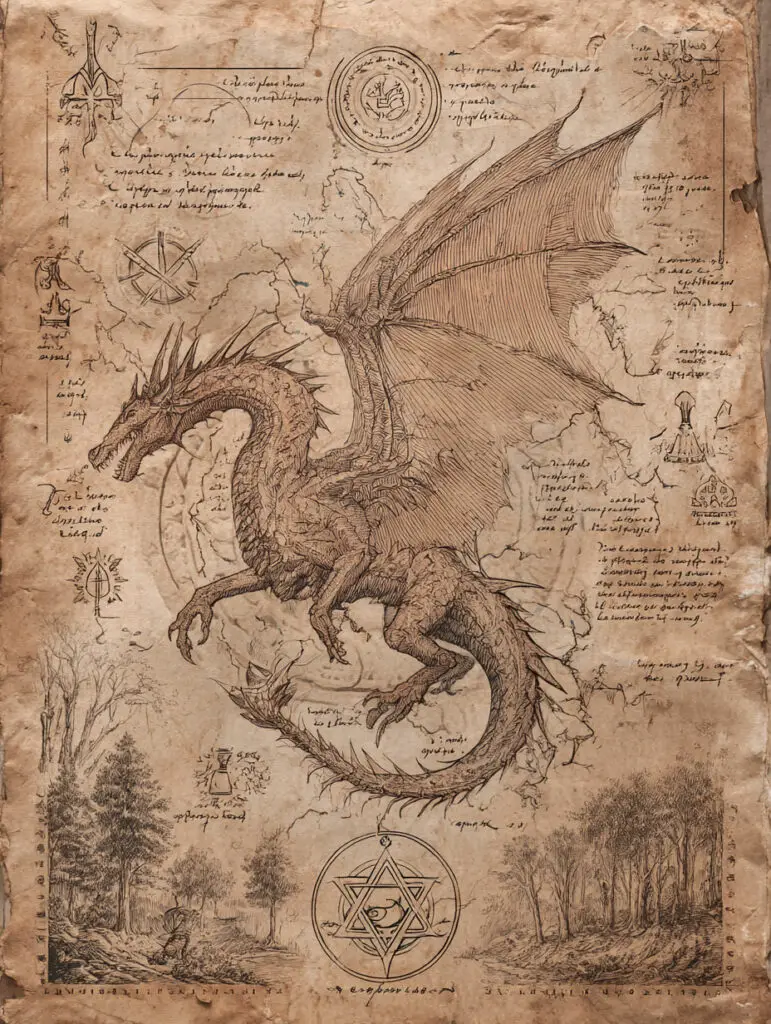 Ancient manuscript diagram of a winged dragon with detailed anatomical sketches and arcane symbols, drawn on aged parchment, evoking a legendary dragon studied in medieval bestiaries and mythical lore.