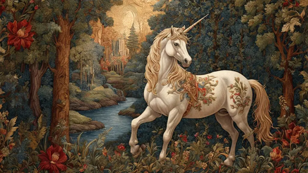 White unicorn in a richly detailed medieval forest tapestry artwork.