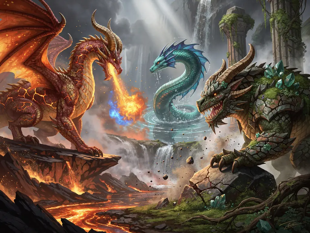 Artistic depiction of three mythical dragons in a fantastical setting; a red fire-breathing dragon, a blue aquatic snake-like dragon, and a rocky earth-themed dragon with crystals, surrounded by waterfalls and lava, illustrating draconology concepts.