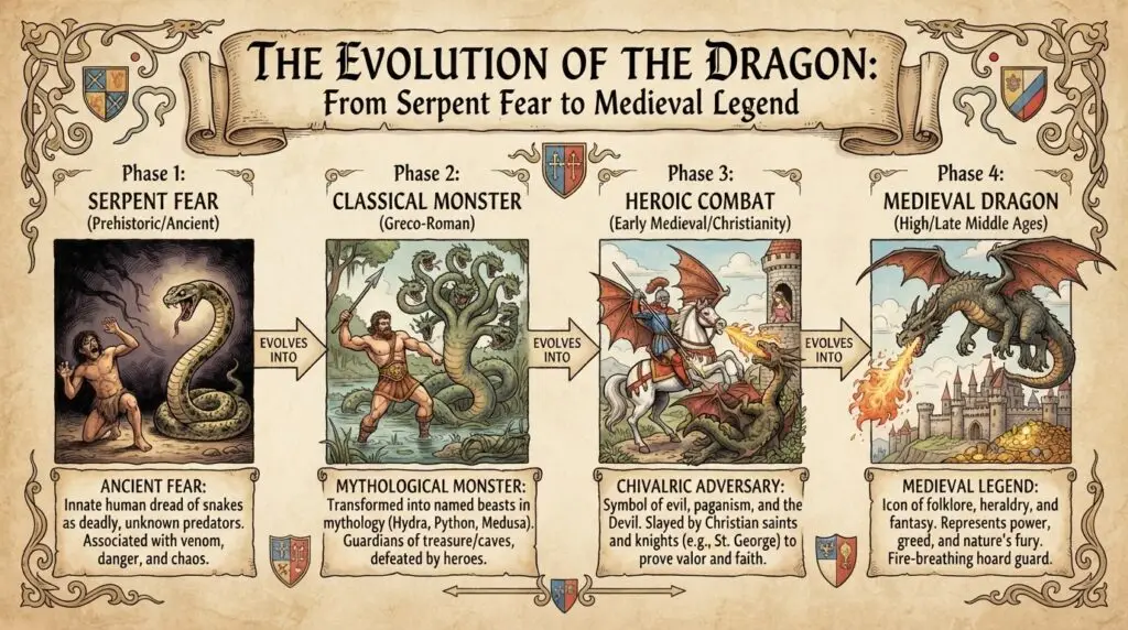 Flowchart showing serpent fear → classical monster → heroic combat → medieval dragon