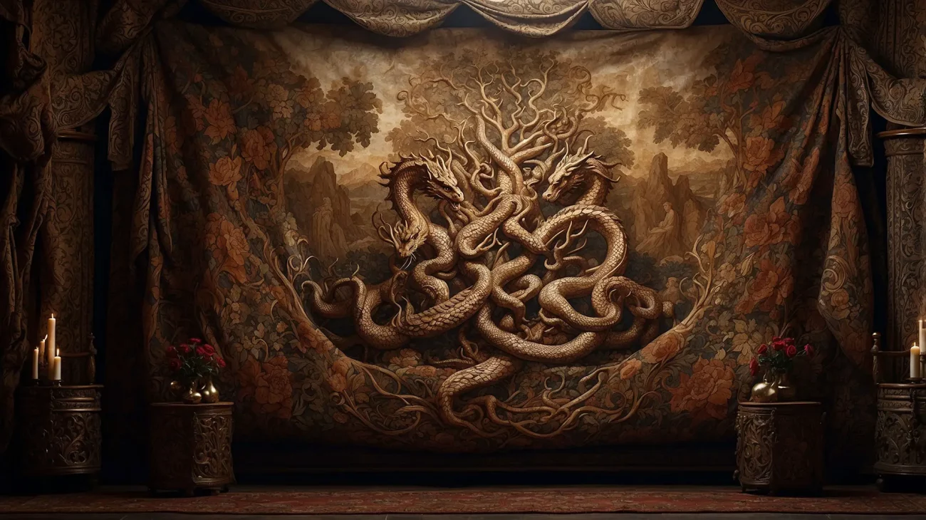 Ornate tapestry depicting the mythical Hydra, a multi-headed serpent from Greek mythology, interwoven with intricate patterns of flowers and ancient symbols. The backdrop features a forest and mountains, with ambient candle light