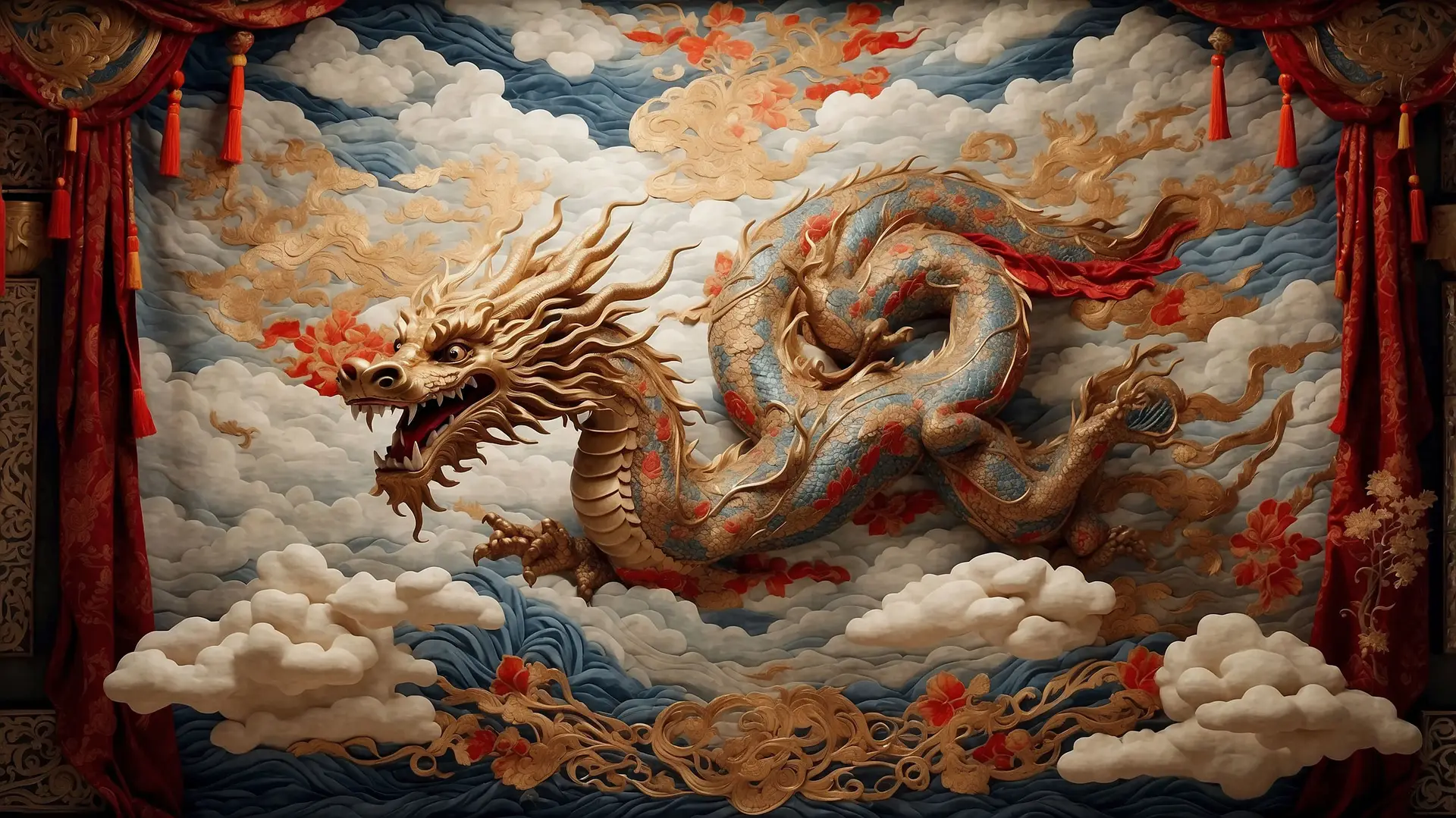 Tapestry depicting a long dragon with scales and whiskers flying among stylized clouds.