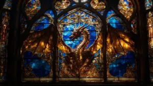 Stained glass window showing a dragon with wings in gold and blue tones.