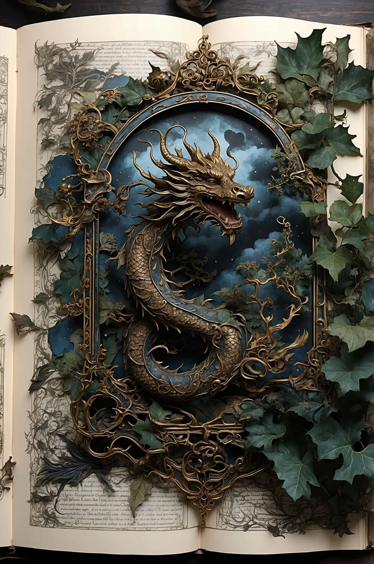 Ornate fantasy illustration of an Asian-style dragon emerging from an open ancient book, framed by intricate gold filigree and ivy leaves, depicting a mythical dragon associated with wisdom, magic, and legendary folklore