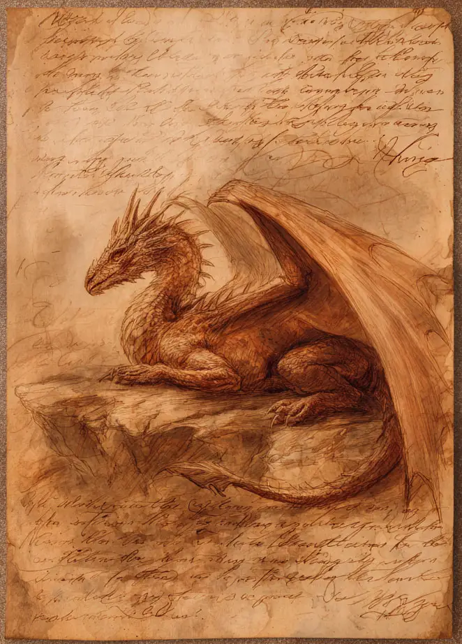 Parchment page with a hand-drawn illustration of a dragon and handwritten text.