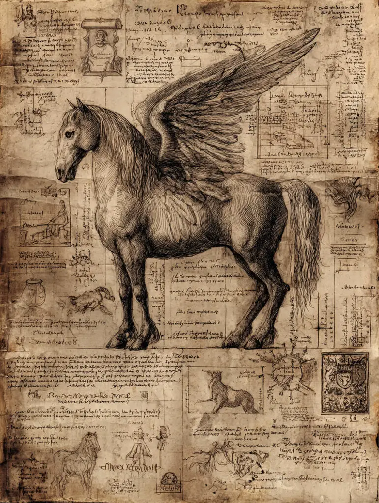 Pegasus ancient manuscript drawing, winged horse ink illustration on old parchment with handwritten annotations, Renaissance mythological study.