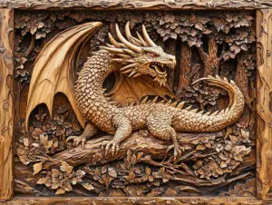 Intricately carved wooden dragon relief with outstretched wings and scaled body, depicted in a forest setting, symbolizing a mythical dragon guardian associated with ancient magic, strength, and legendary folklore