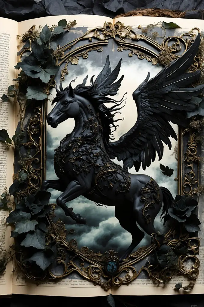 Pegasus illustration in antique manuscript book, gothic winged horse artwork with ornate metal filigree, dark fantasy mythology.