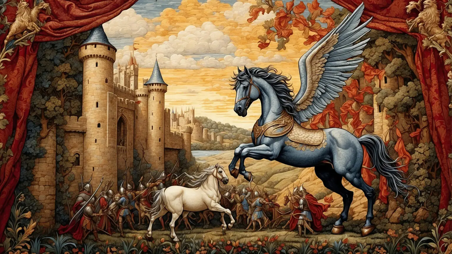 Medieval tapestry illustration of Pegasus, a powerful blue winged horse rearing before a stone castle, overlooking an armored army in a dramatic fantasy battle scene.