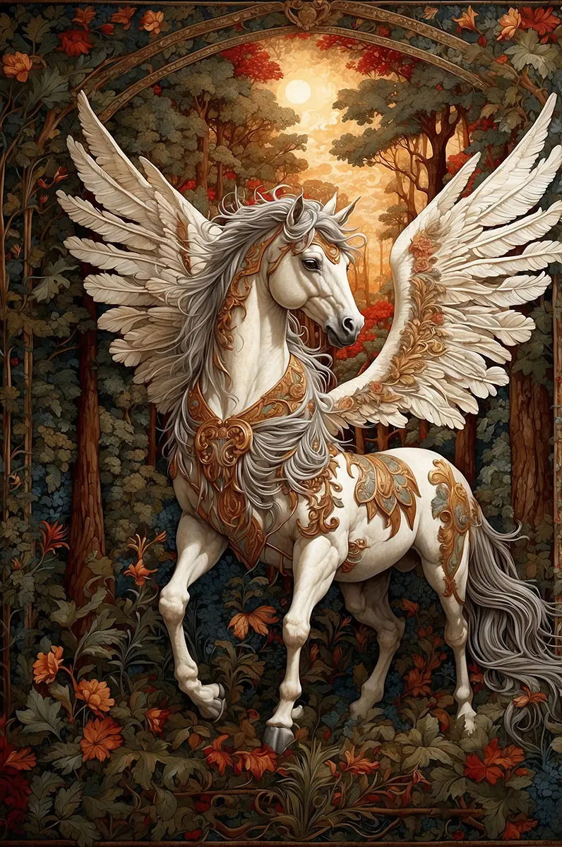 Medieval-inspired tapestry illustration of Pegasus, a majestic white winged horse adorned with ornate gold filigree, standing in a lush forest beneath a glowing sun.
