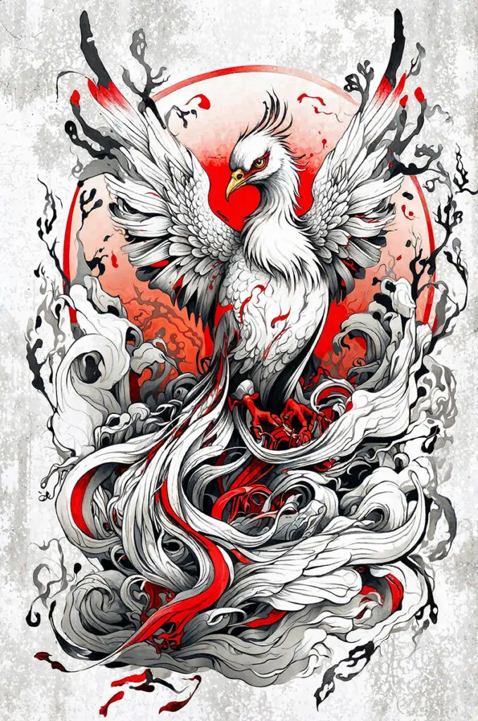 Mythical phoenix illustration, white fire bird with spread wings emerging from flames, rebirth and immortality symbol.