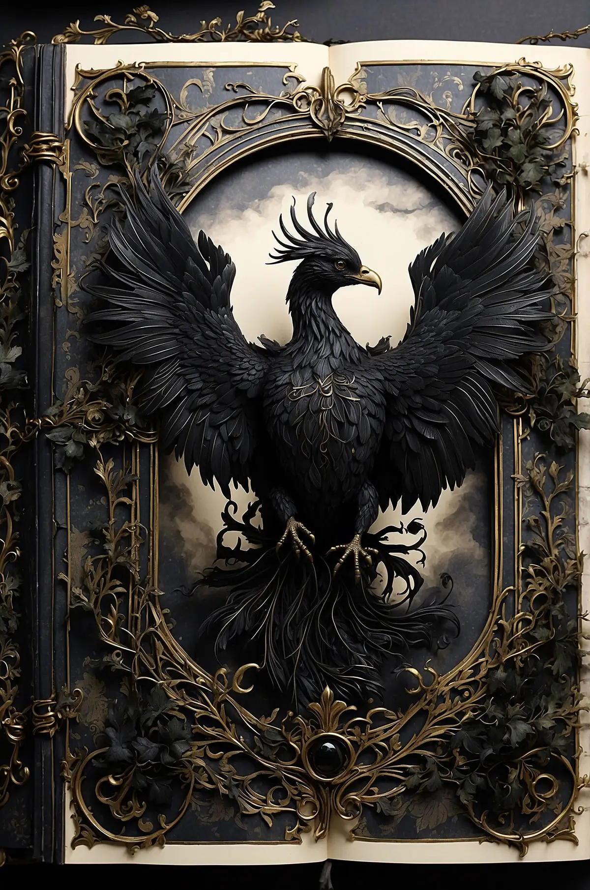 Black phoenix with spread wings illustrated inside an ancient book, framed by ornate golden filigree, mythical fire bird symbolizing rebirth.