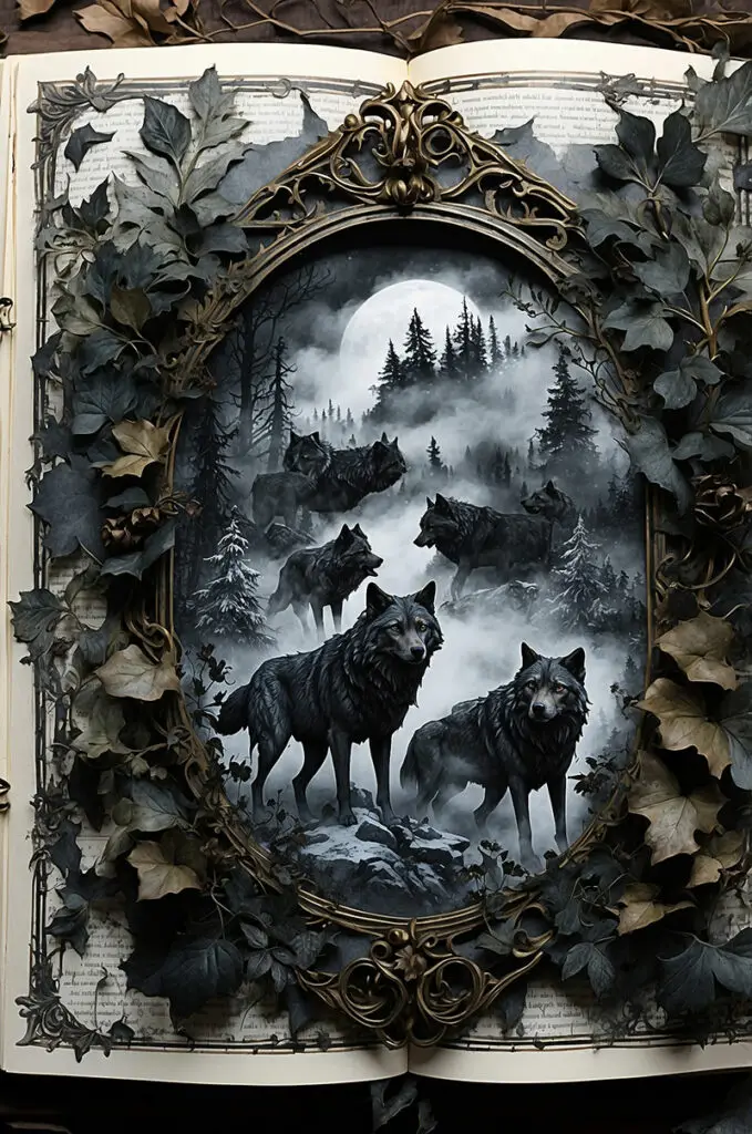Dark fantasy illustration of mythical wolves under a full moon, framed in an ancient manuscript with gothic foliage.