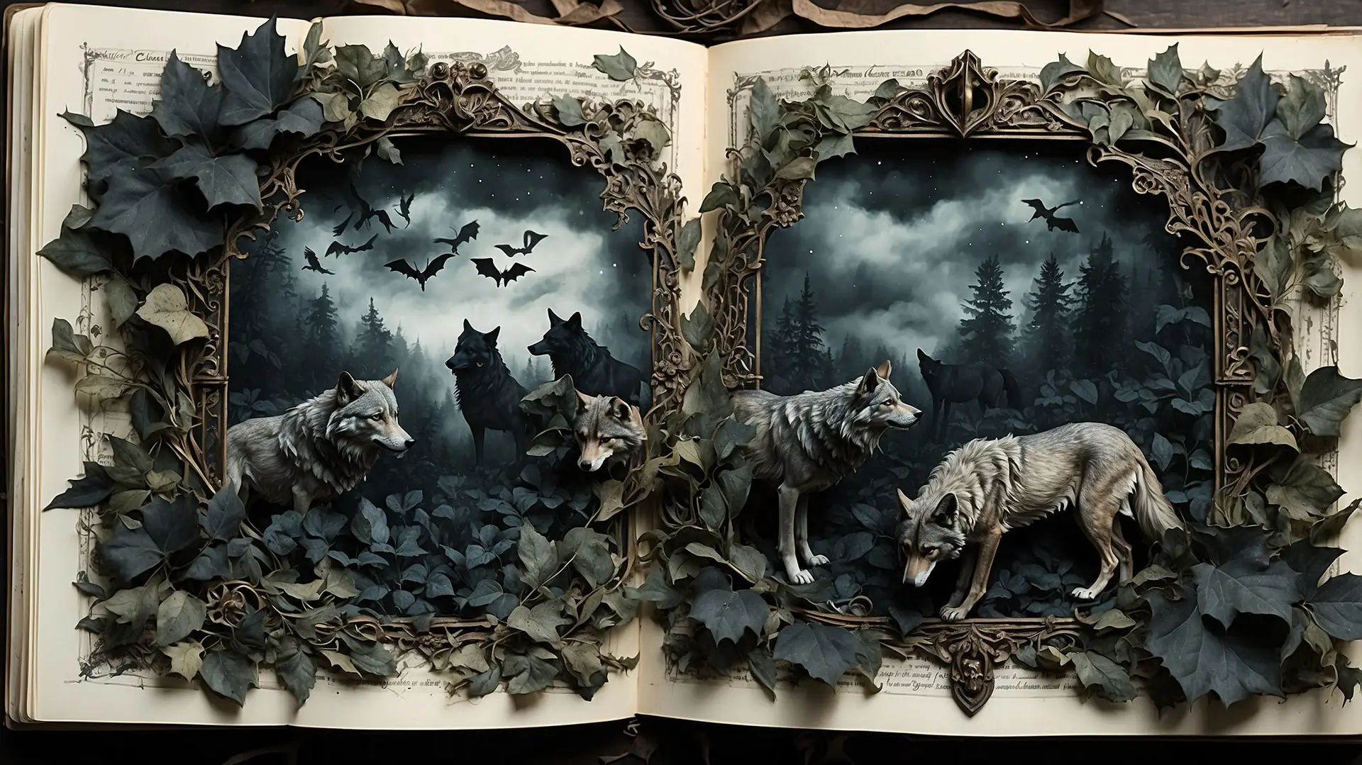 Dark fantasy illustration of a wolf pack in an ancient book, symbolizing mythical wolves and forgotten legends.