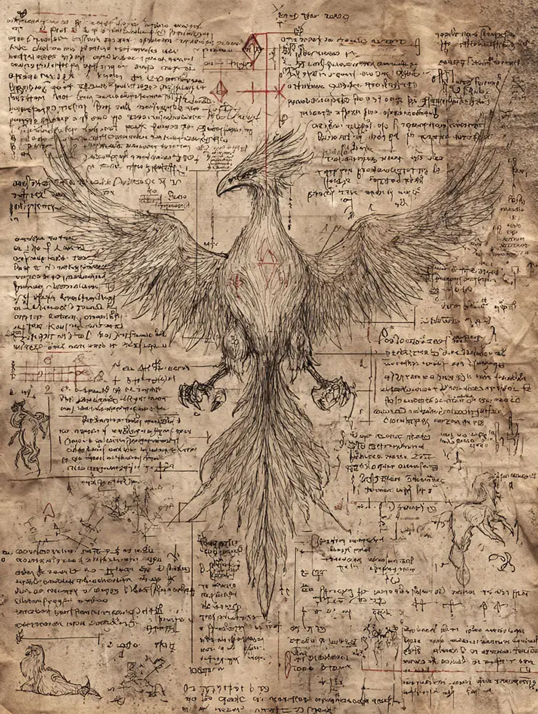 Phoenix illustration from an old manuscript, legendary fire bird sketched on antique parchment with alchemical notes.