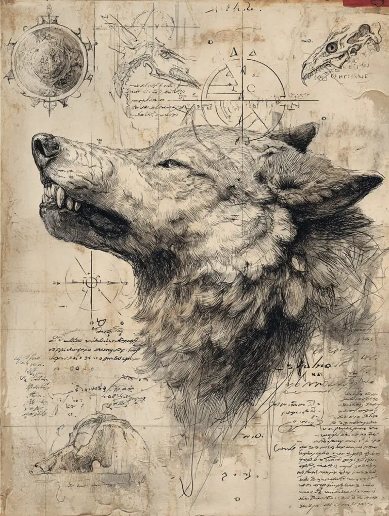 Mythical wolf anatomical drawing on ancient parchment, surrounded by alchemical symbols and handwritten notes
