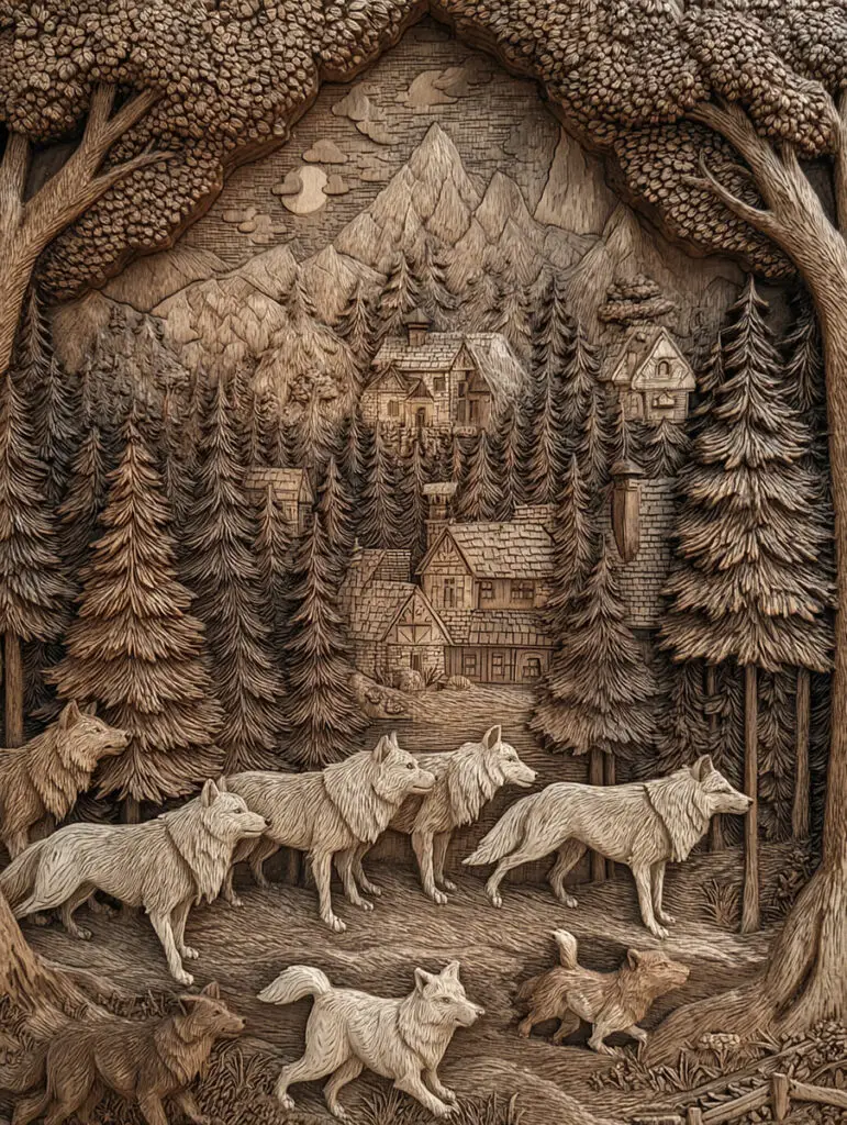 Mythical wolf pack carved in wood, walking through an ancient forest with mountains and village.