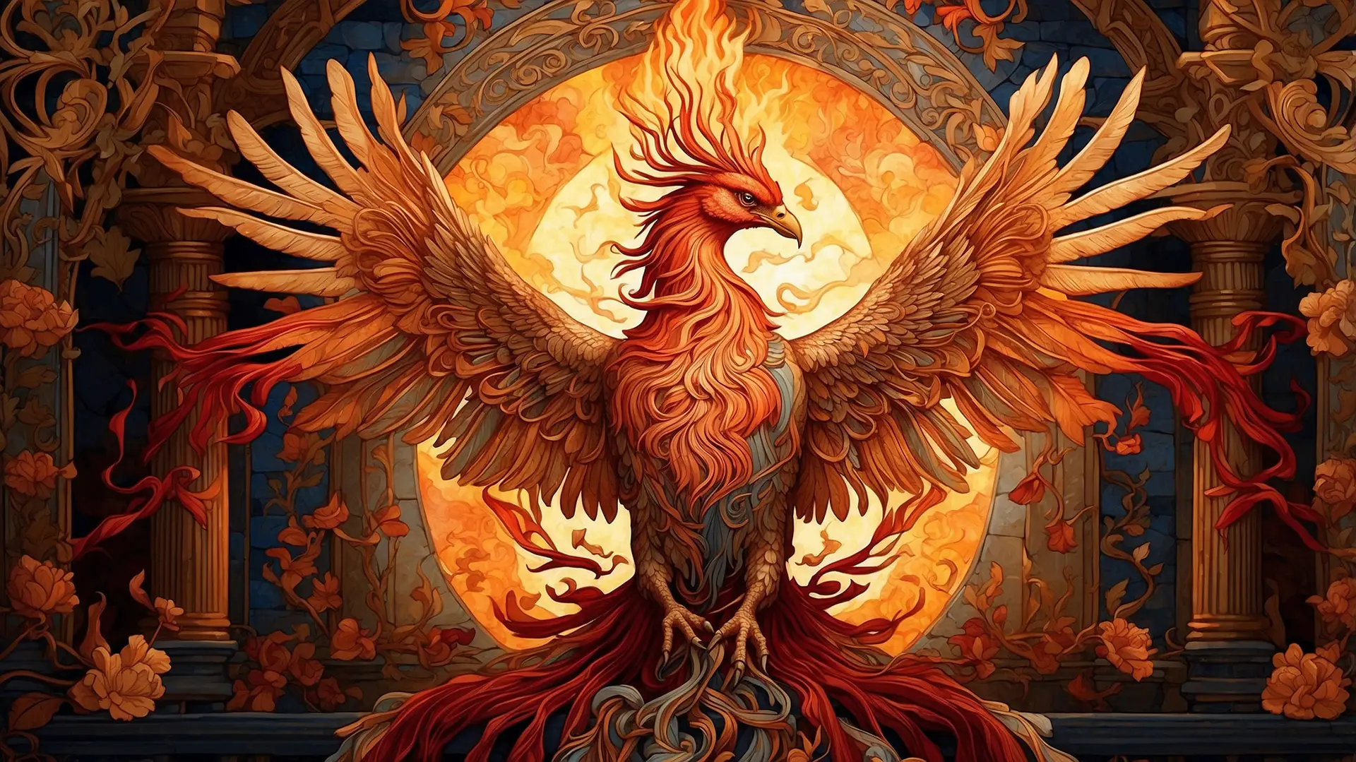 Phoenix fire bird illustration with flaming wings, symbol of rebirth and immortality in mythological art.
