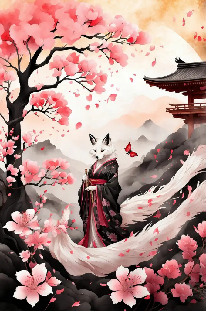 Fox-like figure in traditional clothing standing among cherry blossom trees.