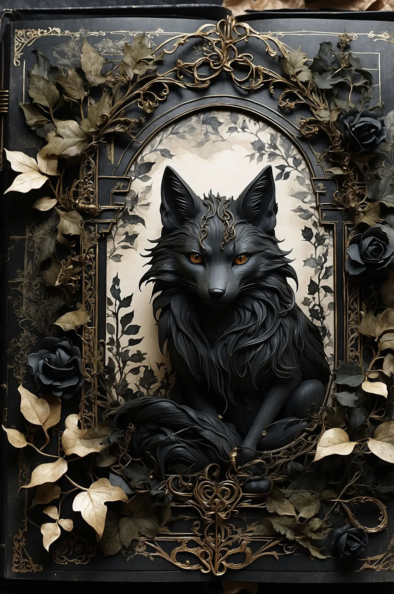 Dark kitsune fox spirit illustrated in a gothic manuscript style, framed by ornate gold filigree, black roses, and autumn leaves, symbolizing mystery, transformation, and shadow folklore.