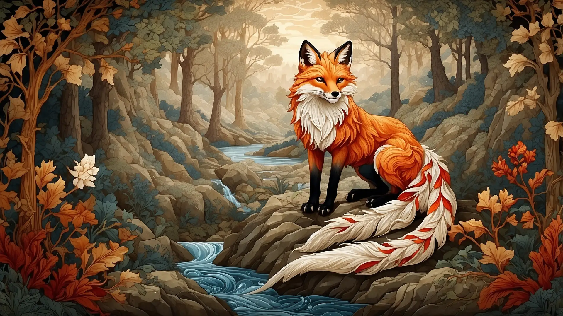 Illustrated kitsune, the mythical Japanese fox spirit, standing in a forest landscape beside a flowing stream, depicted with a long flowing tail and vibrant fur, symbolizing magic, wisdom, and transformation in folklore.