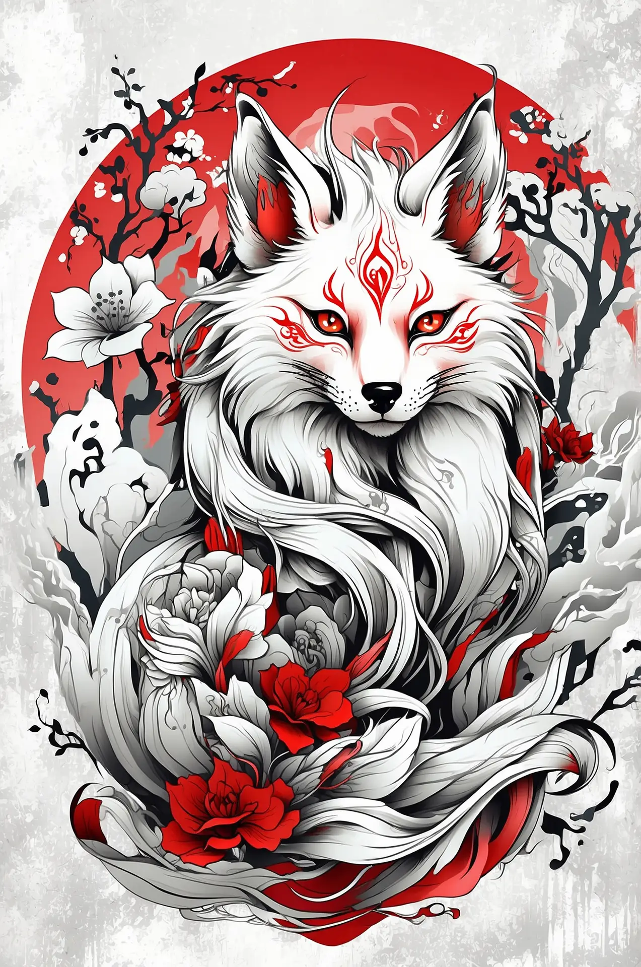 &ldquo;Illustration of a white Kitsune with red markings, flowers, and a circular red background.
