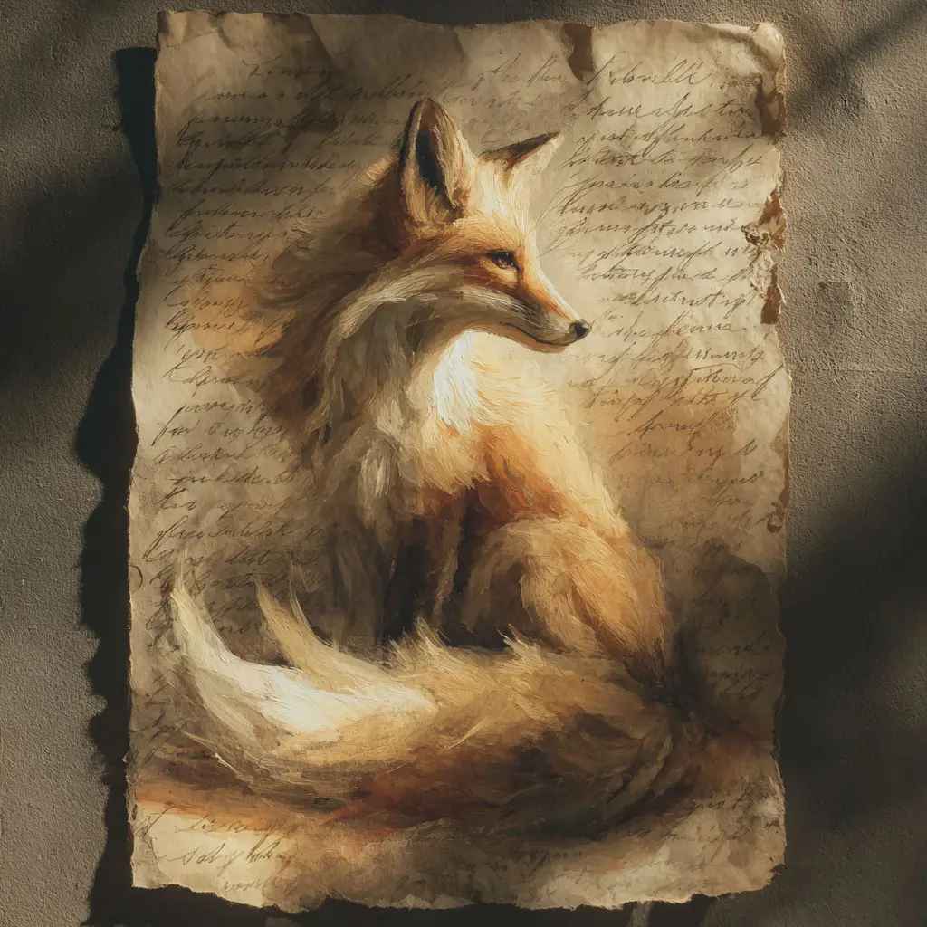 Painting of a Kitsune on aged paper with handwritten text in the background.