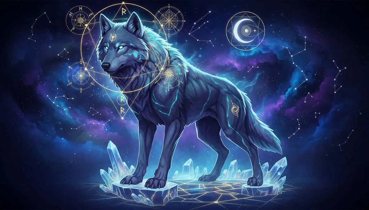 Celestial wolf standing on crystal platforms, surrounded by sacred geometry and constellations, mystical guardian of the cosmos.